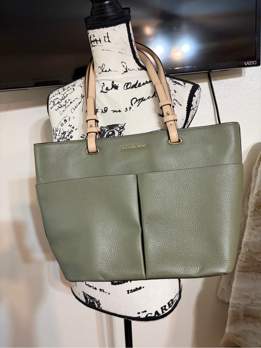 EUC Michael Kors Olive Green Pebbled Leather Tote with Beige Handles. Dustbag.